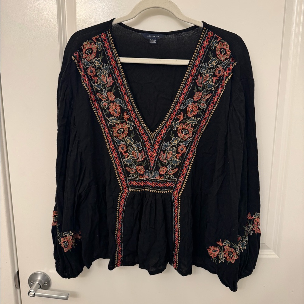 American Eagle Outfitters Black Embroidered Blouse